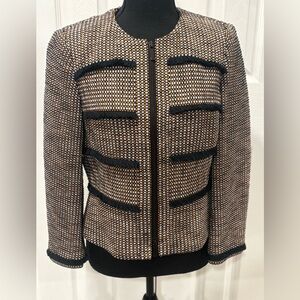 Karen Millen Black and Tan Textured Blazer with frayed accents size 8
